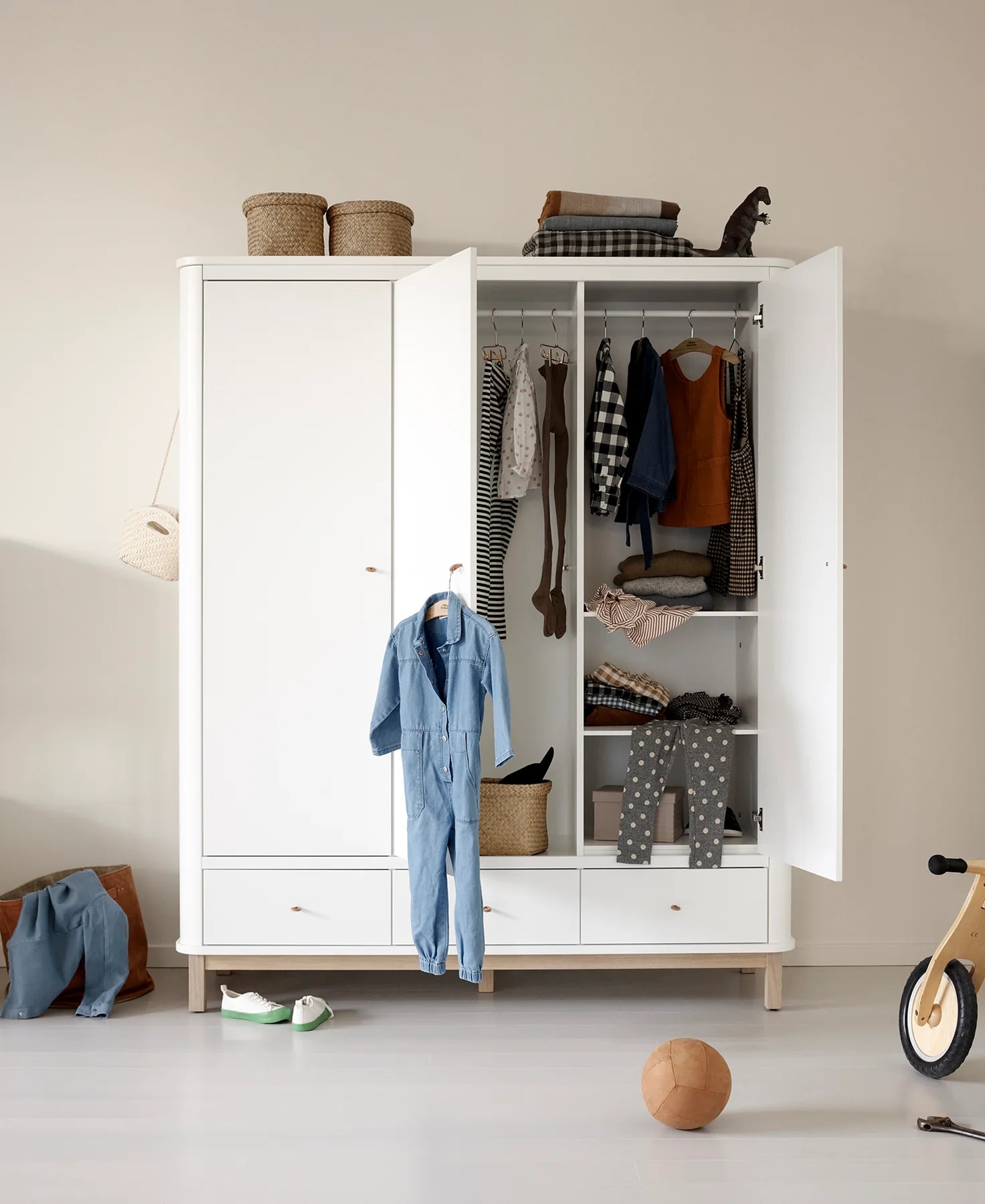 3 Door Wood Wardrobe, White/Oak