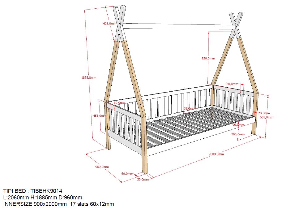 Cama tipi con barrera y cajón extraíble natural 90 x 200 cm